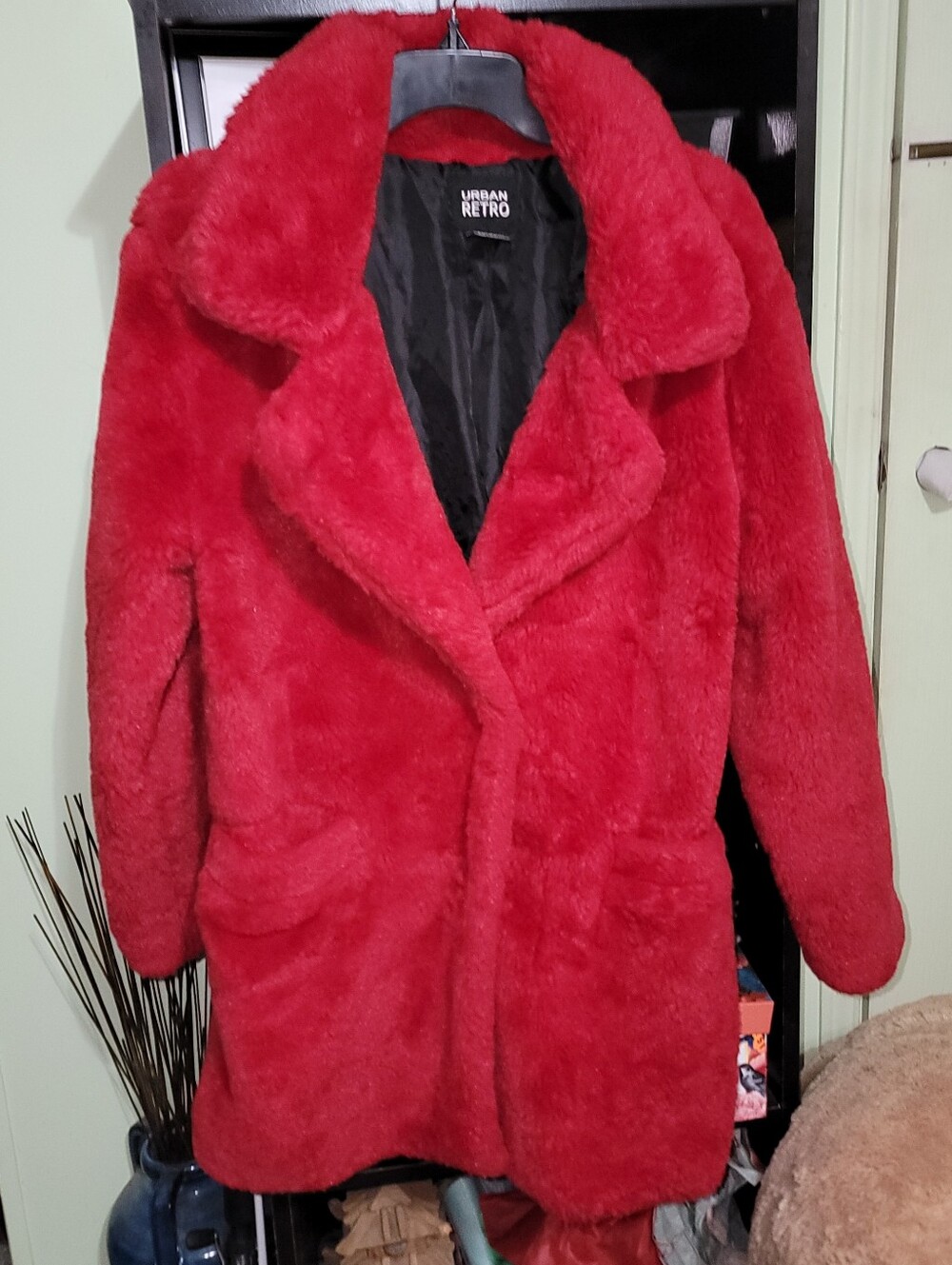 Urban Retro Fluffy ,Plush Faux Fur Red Coat